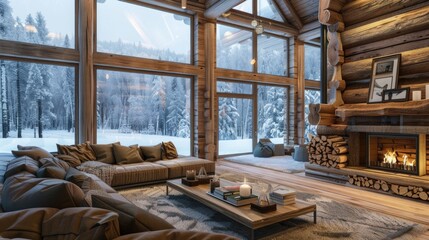 Fototapeta premium Living Room Winter. Cozy Interior in Wooden Log House with Fireplace and Snowy View Outside