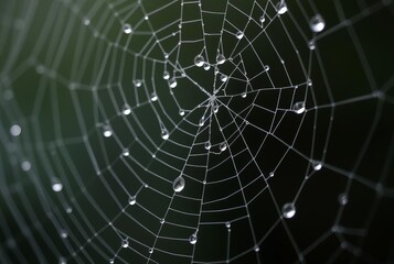 Naklejka premium Spiderweb Threads Delicate spiraling threads with dew drops clin