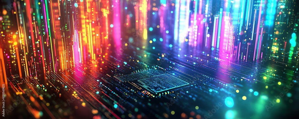 Poster a high-tech scene featuring an abstract representation of a computer chip with multiple colorful
