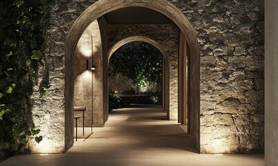 A long and wide wall with arched columns, at night, stone walls, modern architecture