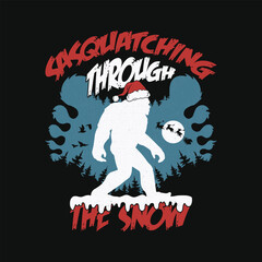 Sasquatching Through The Snow - Footprint Of Bigfoot Sasquatch Christmas T-Shirt Design.