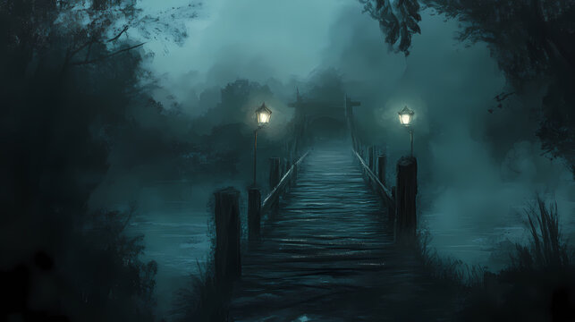 Mysterious foggy wooden bridge over dark river waters at dawn with misty atmospheric vibes and an eerie sense of adventure. Enchanted. Illustration