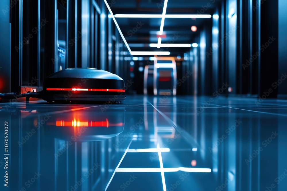 Poster automated robotic device in a futuristic data center corridor.