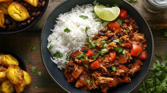 Traditional Cuban ropa vieja served with white rice fried plantains and a side of black beans a meal filled with vibrant flavors