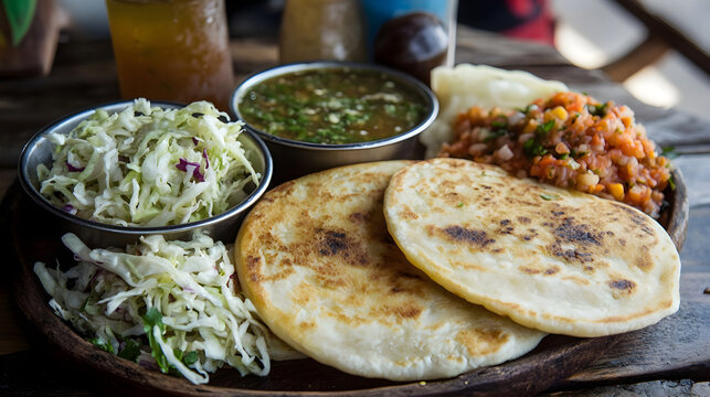 Traditional Salvadoran pupusas filled with cheese and beans served with curtido slaw and salsa showcasing Salvadoran street food culture