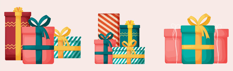 Party boxes with lids wrapped in paper and tied with ribbon and bow. Party favor mountain design. Piles of gifts for coke. Gift box design