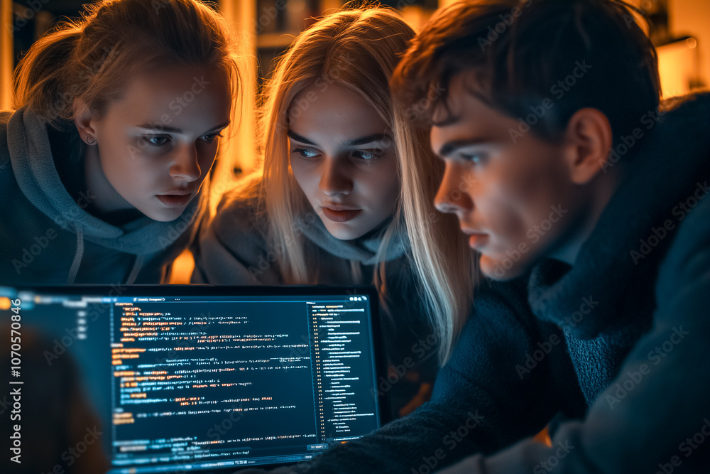 Poster three young people focus intently on computer code displayed on a screen in a warm and inviting envi