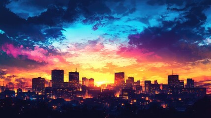 Obraz premium A cityscape at sunset with buildings silhouetted against a vibrant sky of blues, purples, and oranges, reflecting a lively urban atmosphere.