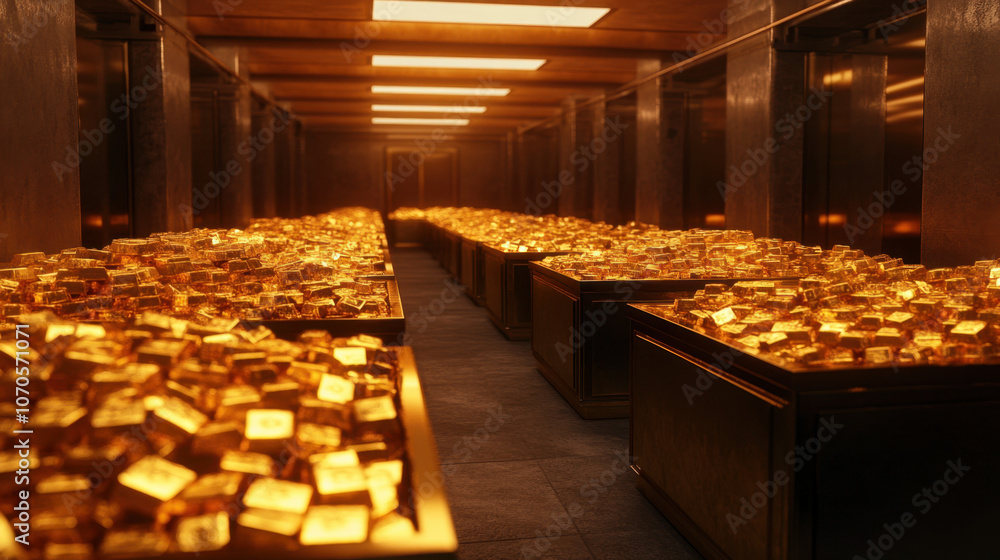 Poster a vast room filled with shiny gold bars stacked on tables, illuminated by soft overhead lighting, cr