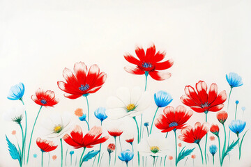 Pattern with poppy flowers. Vibrant blooming red flowers and green leaves. Natural background