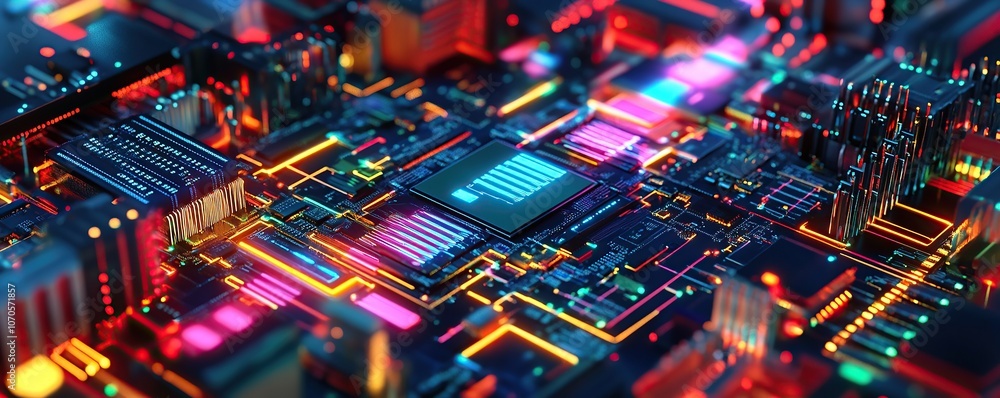 Poster a high-tech scene featuring an abstract representation of a computer chip with multiple colorful