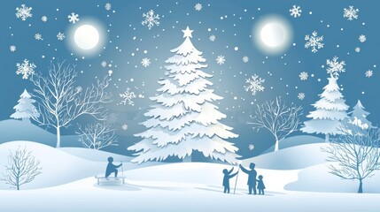 Fototapeta premium Family joyfully decorates a beautiful christmas tree with colorful lights and ornaments together