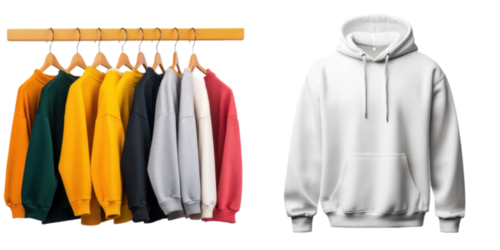 A diverse collection of fashionable hoodies and sweatshirts in a variety of vibrant colors such as orange yellow green gray and red displayed neatly on a metal clothing rack