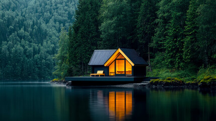 Obraz premium A lakeside sauna in an old spruce forest, surrounded by towering centuries-old trees, outdoor relaxation and popular Scandinavian spa traditions
