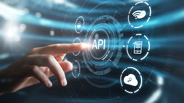 API interface, Application programming interface, Businessmen Interacting with a Futuristic API Interface, business technology, API integration