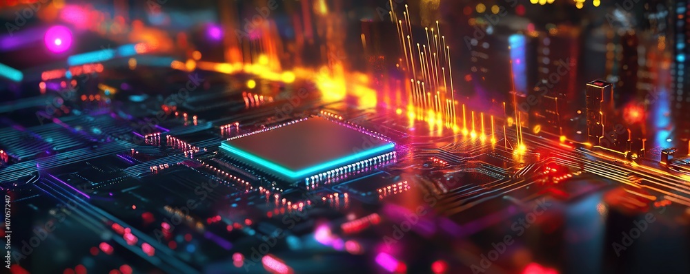 Poster a high-tech scene featuring an abstract representation of a computer chip with multiple colorful
