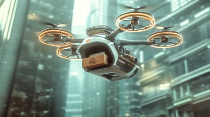 A futuristic drone delivering a package in a modern urban environment.