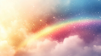 Obraz premium Magical sparkling sky with rainbow,stars and soft clouds.Watercolor colorful background for pride month events,for backgrounds,wallpapers and social media posts