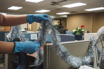 Office Party Cleanup - Festive Decorations Removal. A close-up shot of hands removing festive decorations from an office desk, indicating cleanup after a holiday celebration.