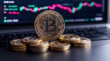 Glowing Bitcoin Coin on Laptop Background