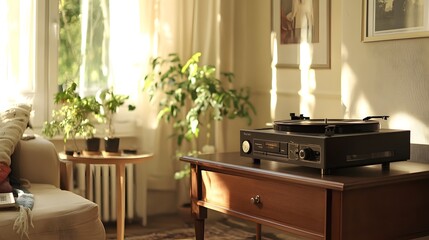 A vintage record player with an old vinyl record on it, placed in the center of a wooden table, with a blurred background that suggests cozy living room decor.