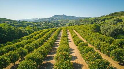 Aerial View of Large Orange Plantation in Sunny Landscape