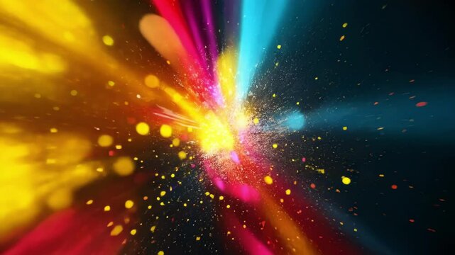 An explosion of bright colors and shapes signify the energy and excitement of discovering the unification of forces in the early universe.