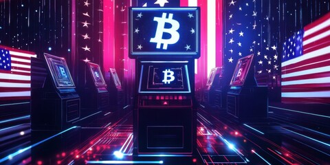 A futuristic scene combining the presidential election and cryptocurrency, with giant crypto symbols like Bitcoin, Ethereum, and blockchain nodes glowing behind a digital voting booth. 