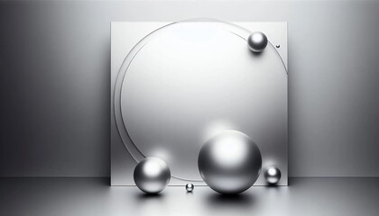Still life is minimalist with a large reflective silver square, a series of small silver balls arranged around it, and a large silver ball in the foreground. 