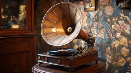 A vintage record player with an old vinyl record on it, placed in the center of a wooden table, with a blurred background that suggests cozy living room decor.