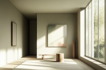 Obraz premium modern living room in Morandi hues, muted ochre and pale grey walls, with minimalist furniture, soft natural textiles