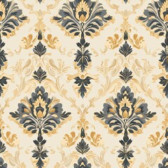 A Seamless Pattern of Intricate Floral Designs in Blue and Gold on a Cream Background