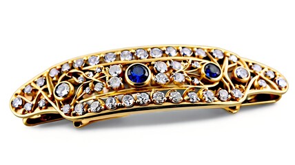 A gold barrette adorned with clear and blue gemstones.