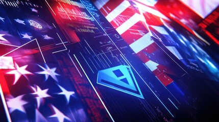 A high-energy background merging crypto with a presidential election theme, featuring large Bitcoin and Ethereum symbols overlayed with red, white, and blue election graphics. 