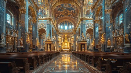 Fototapeta premium A breathtaking view of an ornate and historic cathedral interior showcasing intricate architectural details and stunning religious artwork