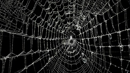Naklejka premium Detailed Dew-Covered Spider Web Glows in Dim Light, Capturing Nature’s Intricate Patterns and Beauty