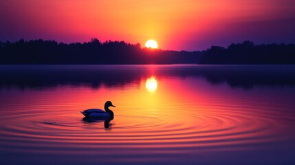A serene sunset over a lake with a duck swimming, creating ripples in the water.