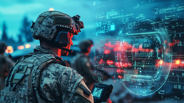 A digital panel with numerous data highlights the face of a soldier who is working with an interactive system. The situation is tense, every moment counts.