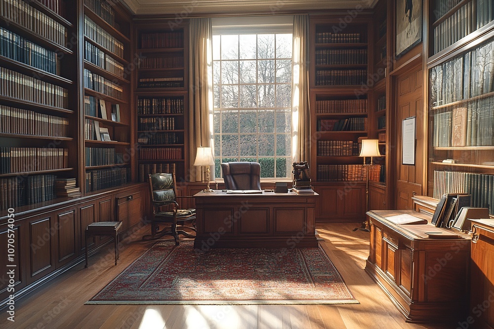 Poster a serene judge's chamber featuring neatly arranged law books on shelves, a prominently displayed gav