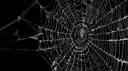 Naklejka premium Spider Web with Dew Drops, Capturing Nature’s Delicate Design and Mysterious Beauty on Black Background