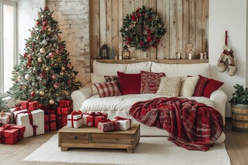 White Christmas-themed living room with decorated tree, red and green wall ornaments, presents, sofa, and wooden coffee table, cozy festive interior.