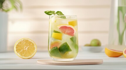 A refreshing drink with vibrant fruits and mint, served in a clear glass, ideal for summer enjoyment and relaxation.