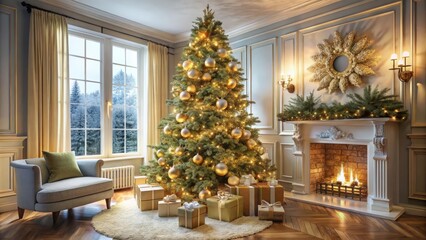 christmas tree with christmas decorations at home, golden and white luxory celebrations