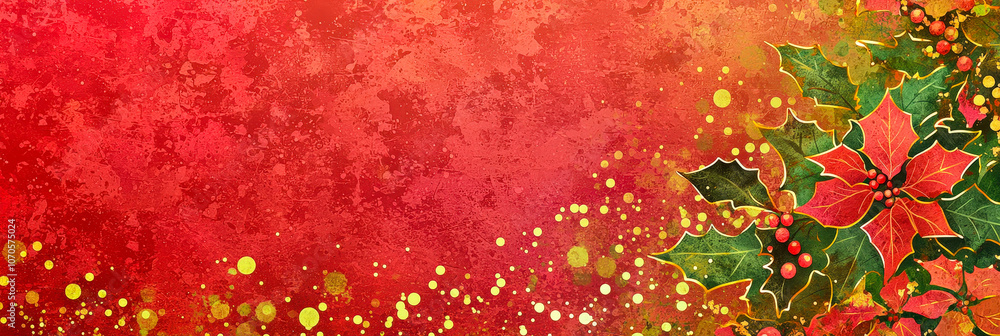 Poster a vibrant red background adorned with holly leaves and berries, accented by golden dots, creating a 