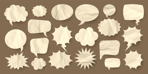 Crumpled brown paper comic speech bubbles. Hand drawn retro cartoon stickers. Pop art style. Old, vintage dialog boxes with cardboard texture. Vector illustration © 32 pixels