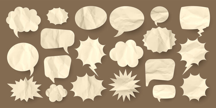 Crumpled brown paper comic speech bubbles. Hand drawn retro cartoon stickers. Pop art style. Old, vintage dialog boxes with cardboard texture. Vector illustration