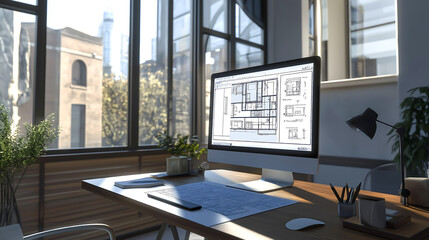 Architectural design with detailed building plans and 3D models in computer screen on a desk in a modern office. Innovative architectural design