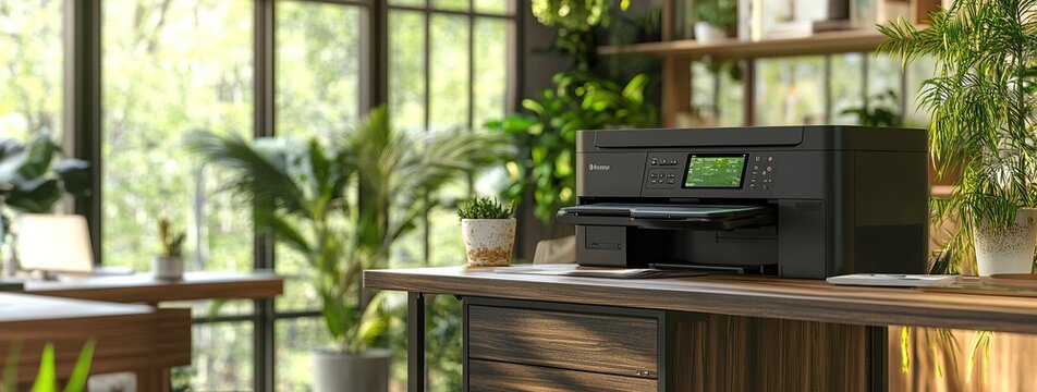 A high-end black laser printer with a large green display on the side, sitting in an office environment