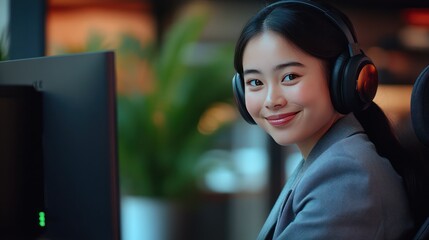 A customer service representative is smiling and wearing headphones while sitting in front of her computer, taking on the role as a sales staff at work in a gray suit. 