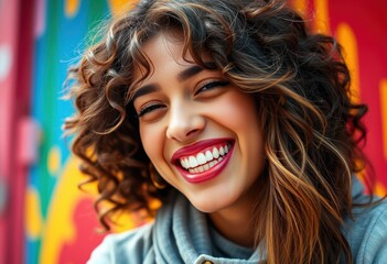 Young Woman Smiles Brightly Against Colorful Background